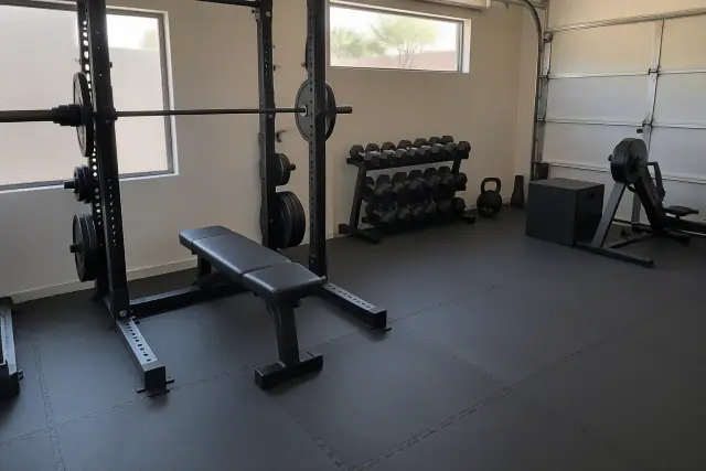 Interlocking rubber flooring installed in a residential home gym in Mesa, AZ.