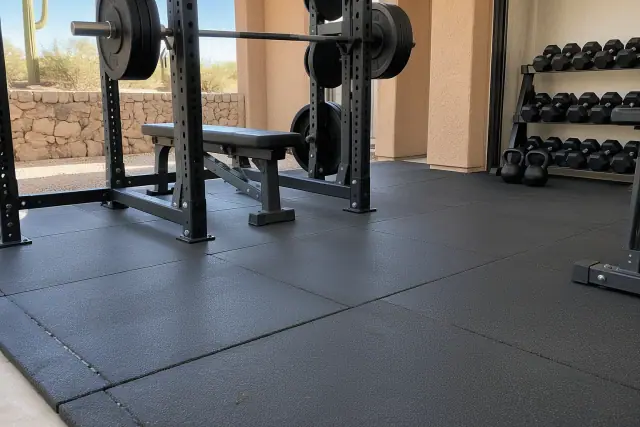 Thick interlocking rubber flooring installed beneath heavy weight racks in Apache Junction, AZ.