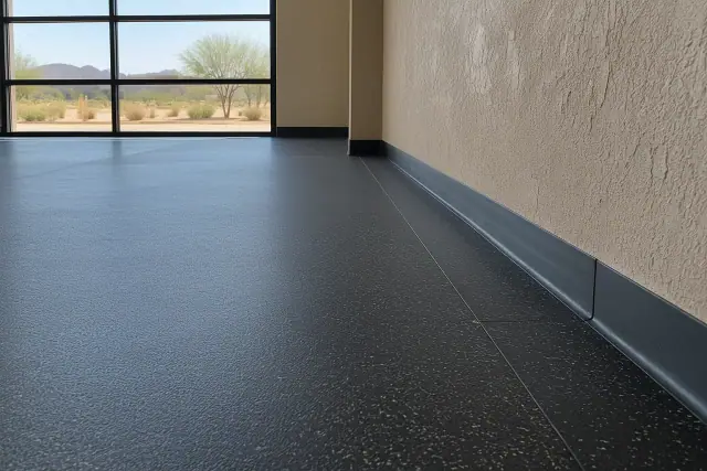 Industrial rubber flooring rolled out and fitted against a stucco wall in a Mesa, AZ warehouse.