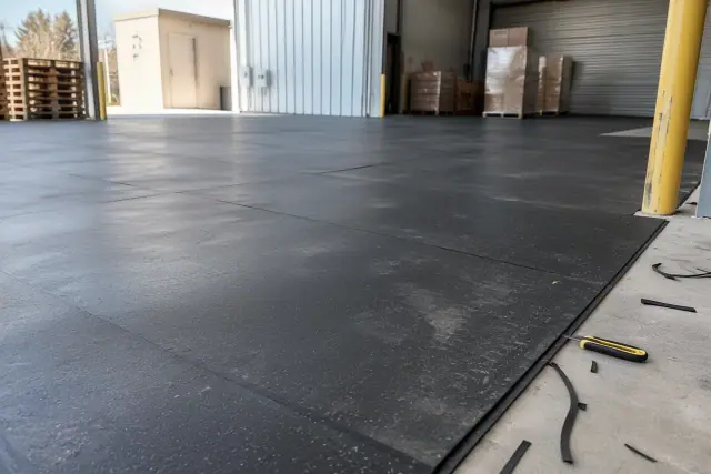 Industrial rubber flooring installation with tight seams in a San Tan Valley, AZ warehouse.