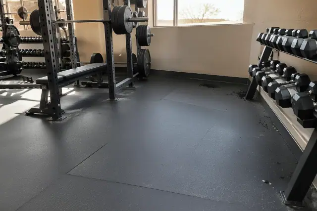 Thick industrial rubber flooring installed in Tempe, AZ, with tight seams and scattered scraps.