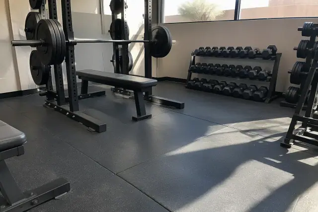 Thick impact-absorbing rubber flooring installed in a Gilbert, AZ commercial fitness weightlifting zone.