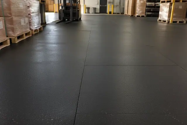 Industrial rubber flooring installation in a Phoenix, AZ warehouse with aligned black rubber seams.