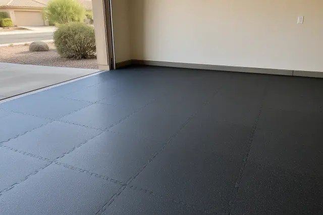 Interlocking rubber floor tiles installed in a residential garage in Mesa, AZ.