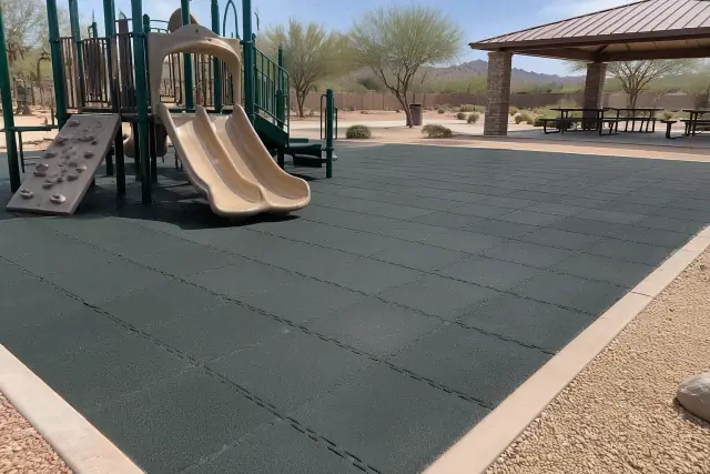 Interlocking rubber playground tiles installed at a Mesa, AZ park with desert landscape in the background.