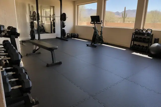 Interlocking rubber tiles installed on a residential basement gym floor in Mesa, AZ.