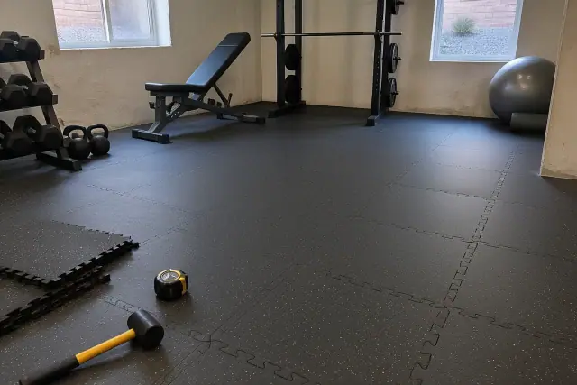 Interlocking rubber tiles installed on a residential basement exercise room floor in Mesa, AZ.