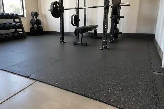 Interlocking rubber floor tiles installed in a commercial fitness weightlifting zone in Mesa, AZ.