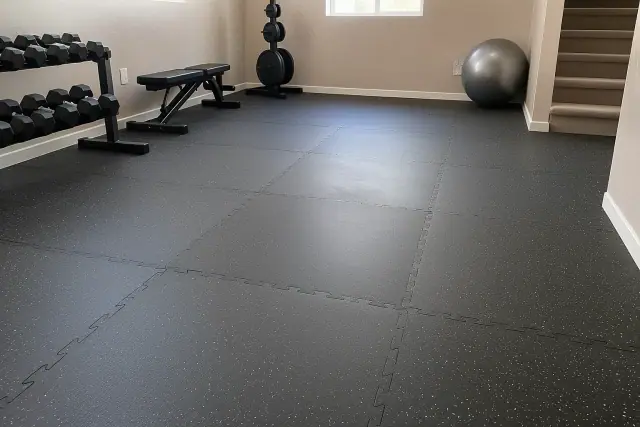 Interlocking rubber tiles installed on a residential basement floor in Mesa, AZ.