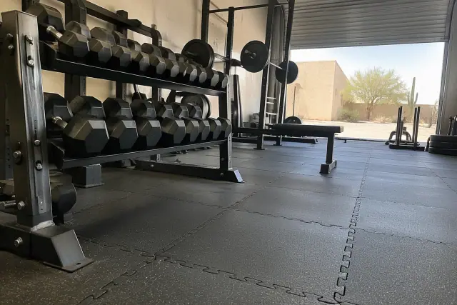 Interlocking rubber floor tiles and heavy dumbbell racks in a Mesa, AZ gym.