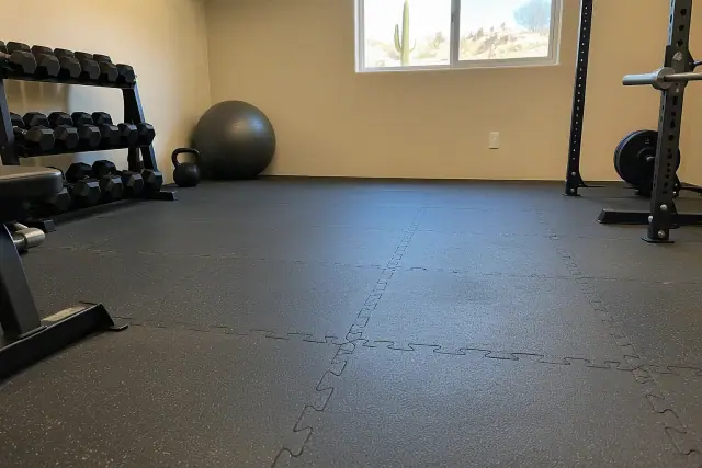 Interlocking rubber tiles installed in a residential home gym in Mesa, AZ.