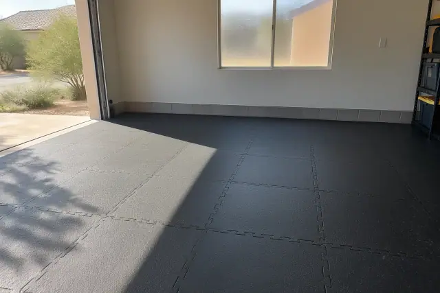 Interlocking rubber floor tiles installed in a Mesa, AZ garage.