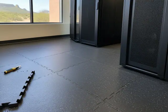 Technician installing anti-static rubber tiles in a technology office in Mesa, AZ.