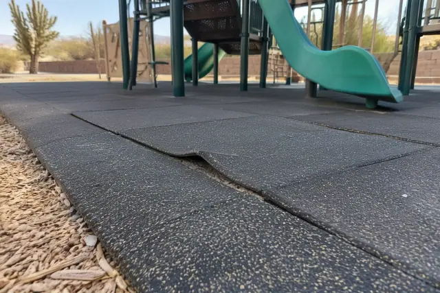 Playground rubber tiles with lifted and separating seams in Mesa, AZ.