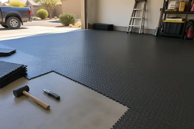 Loose-Lay Garage Mats installed in a residential garage vehicle bay in Mesa, AZ.