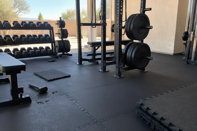 Thick rubber flooring installation under barbell racks in Mesa, AZ.