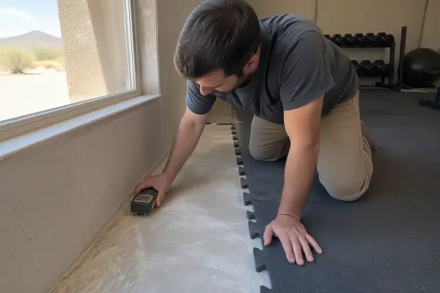 Digital moisture meter testing raw concrete in a Mesa, AZ basement before rubber flooring installation.