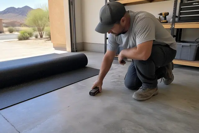 Digital moisture meter testing a concrete garage slab before rubber flooring in Mesa, AZ.