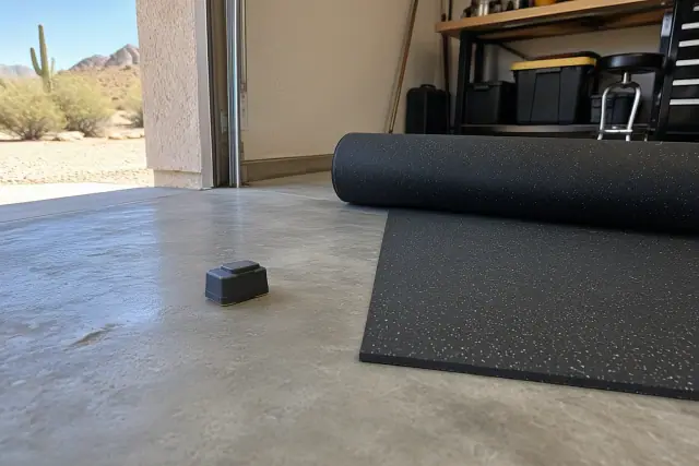 Contractor photo of concrete moisture testing with a digital hygrometer before rubber flooring installation in Mesa, AZ.