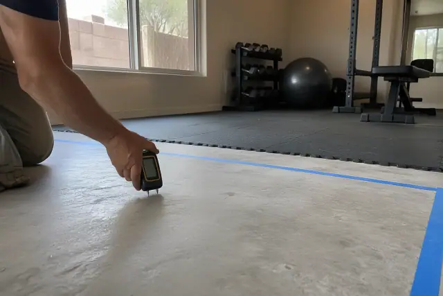 Moisture meter probe on a concrete slab during basement prep in Mesa, AZ.