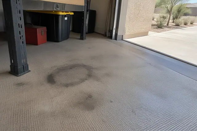 Oil stains on light-colored garage rubber flooring in Mesa, AZ.