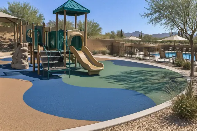 Completed commercial rubber playground and pool deck safety surfacing in Mesa, AZ.