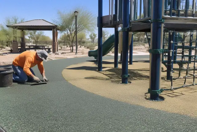 Playground rubber surfacing replacement in progress around steel equipment footings in Mesa, AZ.