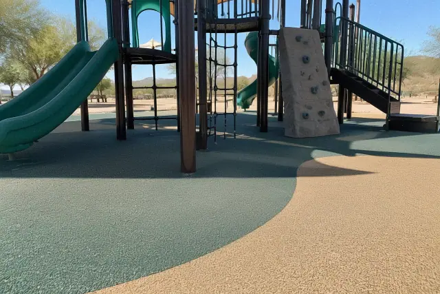 Poured-in-place rubber safety surfacing beneath a playground in Phoenix, AZ.