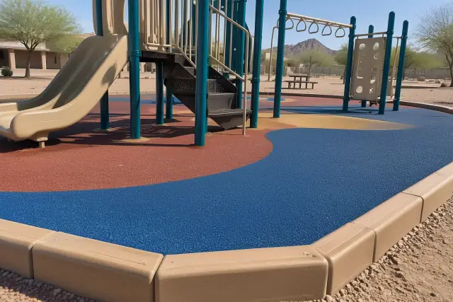Playground rubber surfacing around steel play equipment at a school yard in Mesa, AZ.