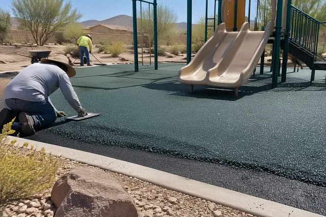 Playground rubber surfacing progress photo at a jobsite in Mesa, AZ.