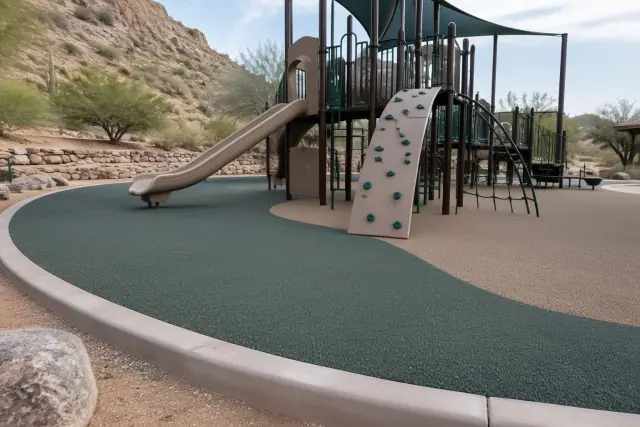 Poured rubber safety surfacing at a Paradise Valley, AZ playground with a steel climbing set and desert backdrop.