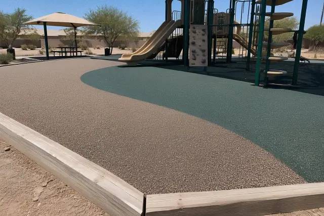 Poured-in-place rubber flooring and border timbers at a neighborhood park in Mesa, AZ.