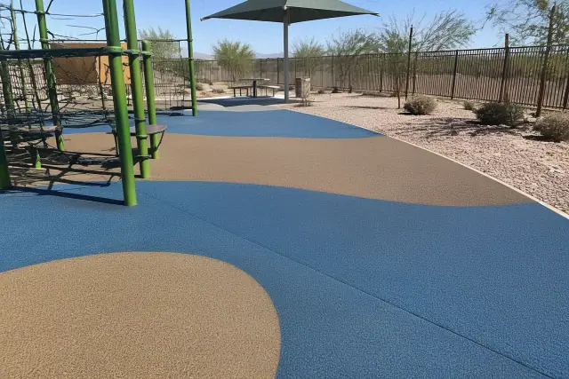 Poured-in-place EPDM rubber flooring at a sunny park in Mesa, AZ, showing multi-colored textured granules.