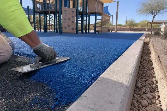 Contractor hand troweling fresh poured-in-place rubber safety surfacing on a playground in Mesa, AZ.