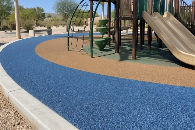 Poured-in-place rubber safety flooring with textured aggregate matrix in Tempe, AZ.