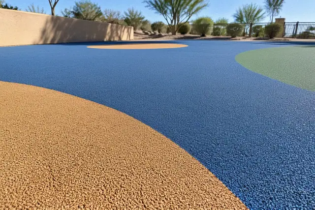 Poured-in-place rubber safety flooring with textured wear layers at a recreation park in Queen Creek, AZ.