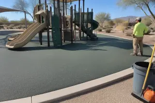 Contractor inspecting poured-in-place rubber safety surfacing near a desert playground in Mesa, AZ.