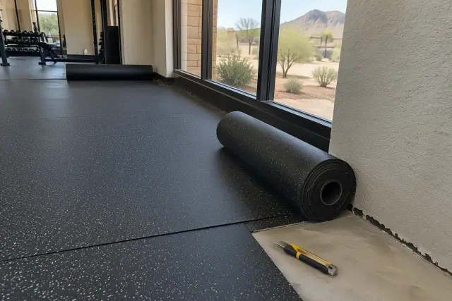 Rolled rubber flooring installation with a utility knife at a fitness facility in Mesa, AZ.