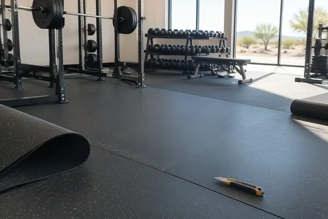 Black rolled rubber flooring installed in a Mesa, AZ gym with a utility knife on the surface.