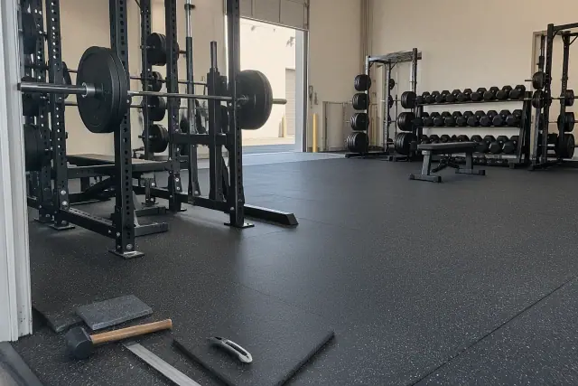Rolled rubber flooring installed under heavy barbell racks in a Gilbert, AZ commercial fitness facility.