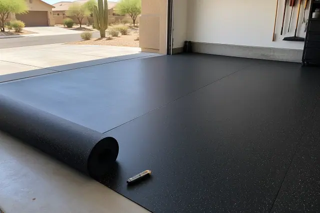Rolled rubber flooring installed in a residential garage in Mesa, AZ, with a utility knife on the floor.