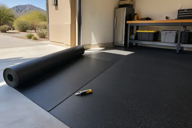 Rolled rubber flooring installed on a concrete garage floor in Paradise Valley, AZ.