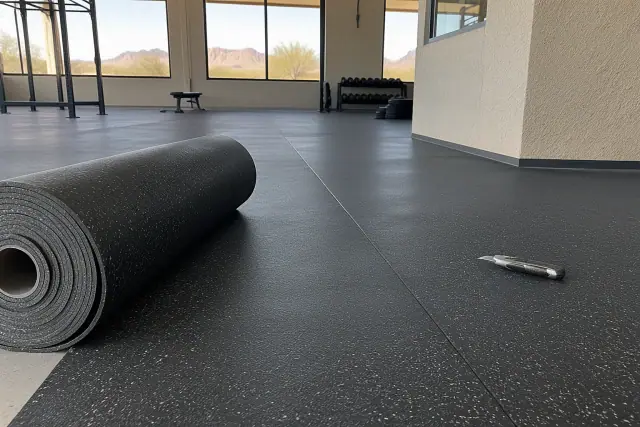 Rolled rubber flooring installation in Mesa, AZ, with seams and a utility knife.