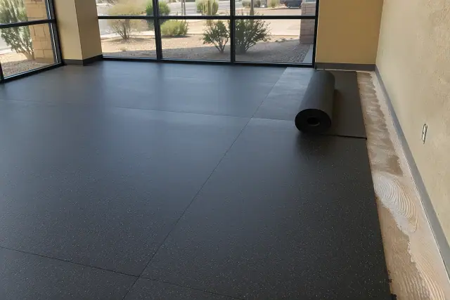 Rolled rubber flooring installed inside a building in Mesa, AZ, showing tight seams and adhesive.