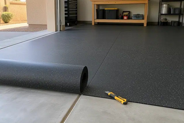 Rolled rubber flooring installed on a concrete garage floor in San Tan Valley, AZ.