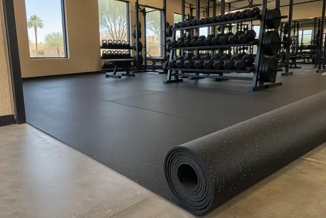 Rolled rubber flooring with trimmed seams and weight racks at a commercial gym in Mesa, AZ.