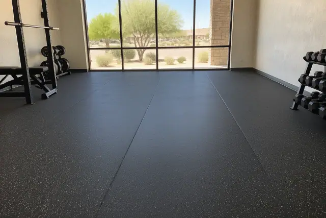 Rolled black rubber flooring installed at a fitness facility in Mesa, AZ.