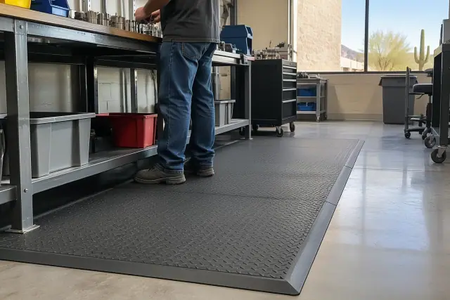 Interlocked anti-fatigue rubber flooring tiles with beveled safety edges in a manufacturing facility in Mesa, AZ.