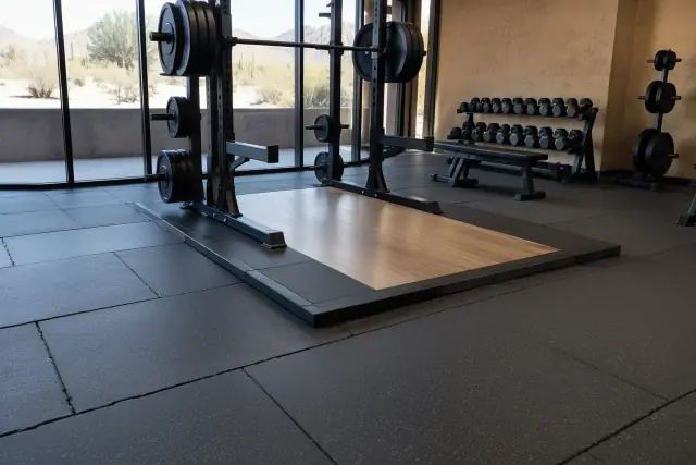 Rubber floor tile installation around barbell platforms in Scottsdale, AZ.