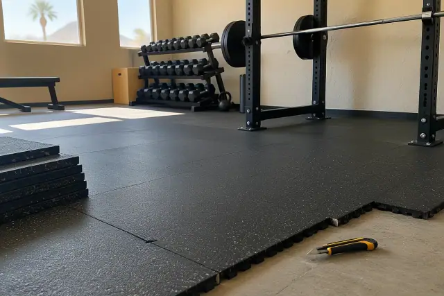Contractor installing interlocking rubber floor tiles in Tempe, AZ.